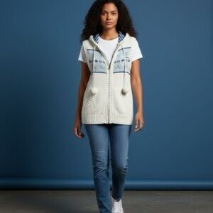 Le Tigre Hooded Pom Pom Knitted Vest Heart Fair Isle Blue & White Girls Large